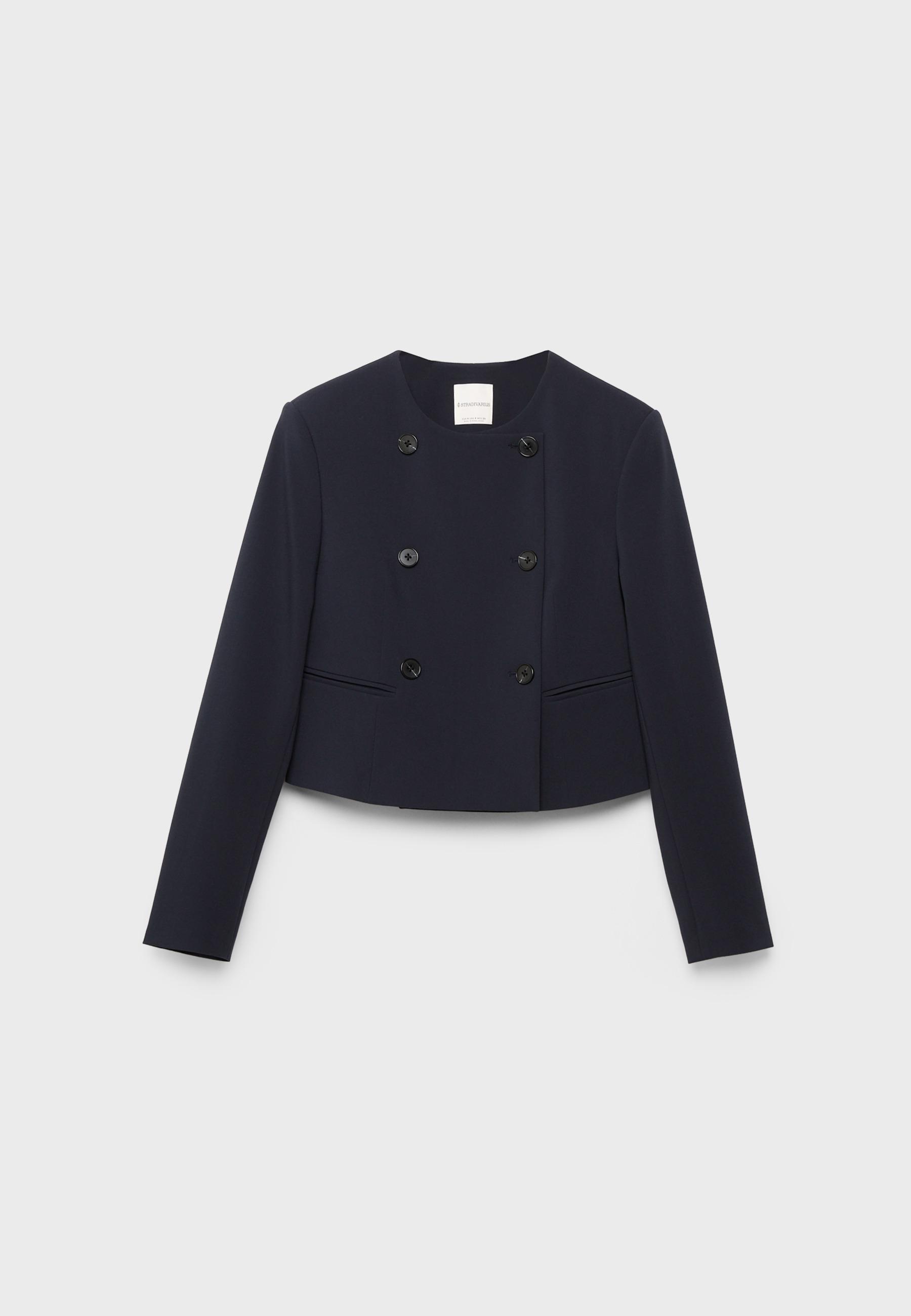 Cropped round neck blazer — Navy blue