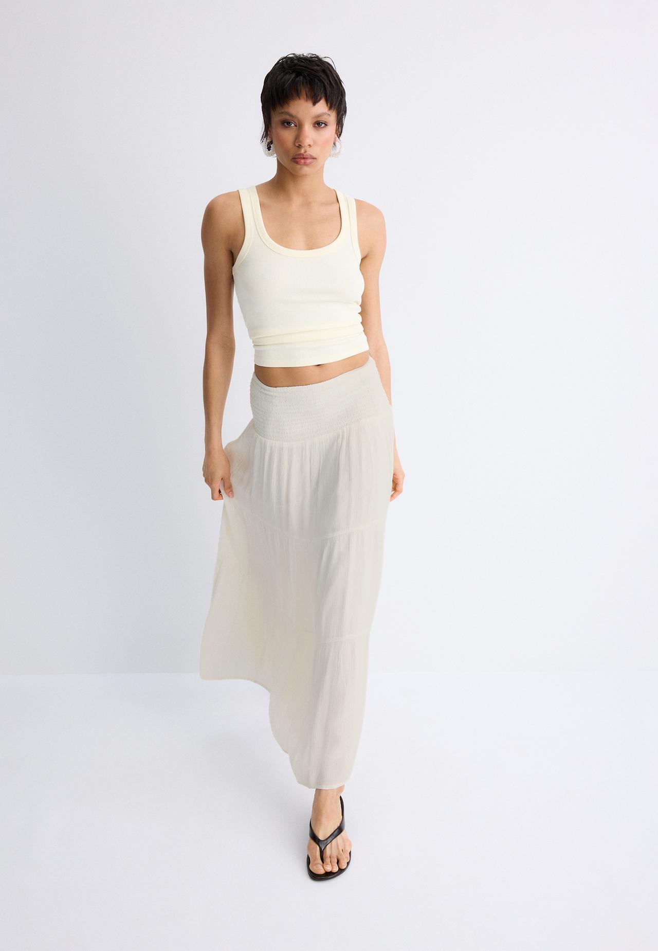 Metallic thread panelled skirt — Ecru