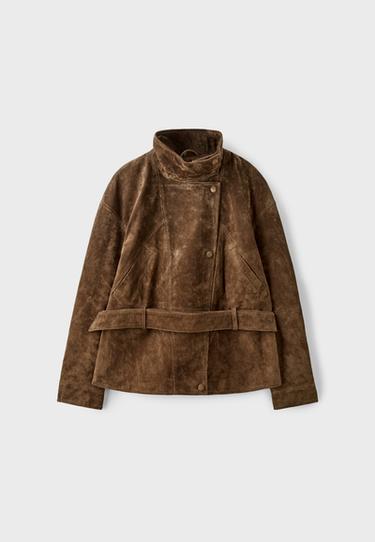 100% leather high neck trench coat with belt — Brown 8