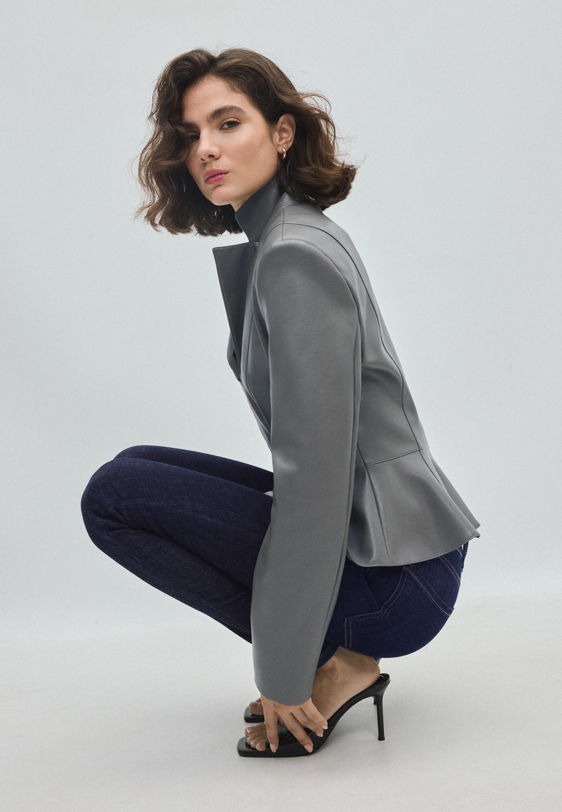 Fitted leather effect peplum blazer — Dark grey