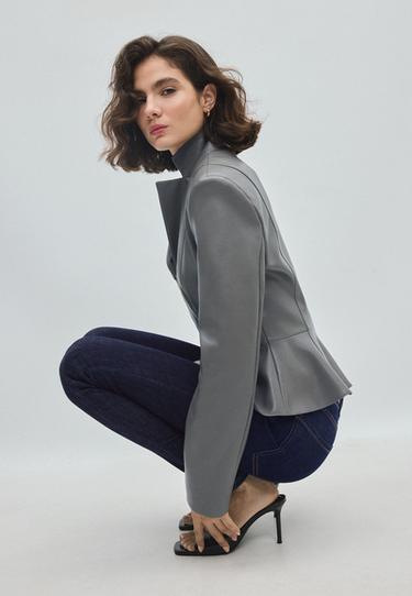 Fitted leather effect peplum blazer — Dark grey 6