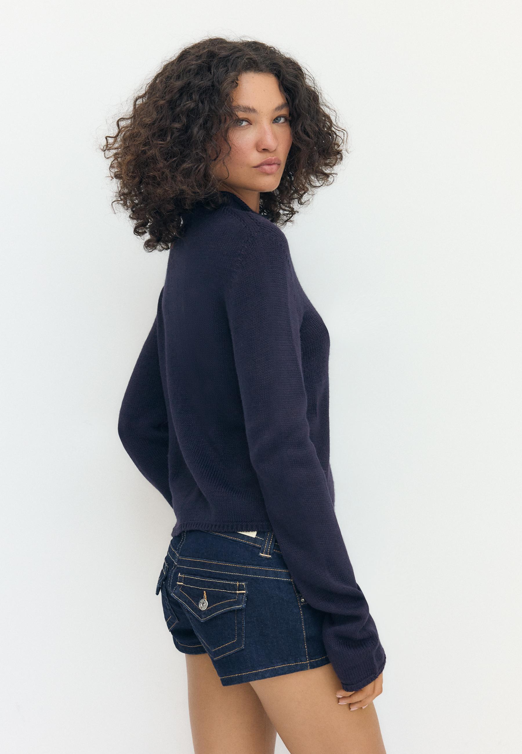 Stand collar knit cardigan — Dark blue