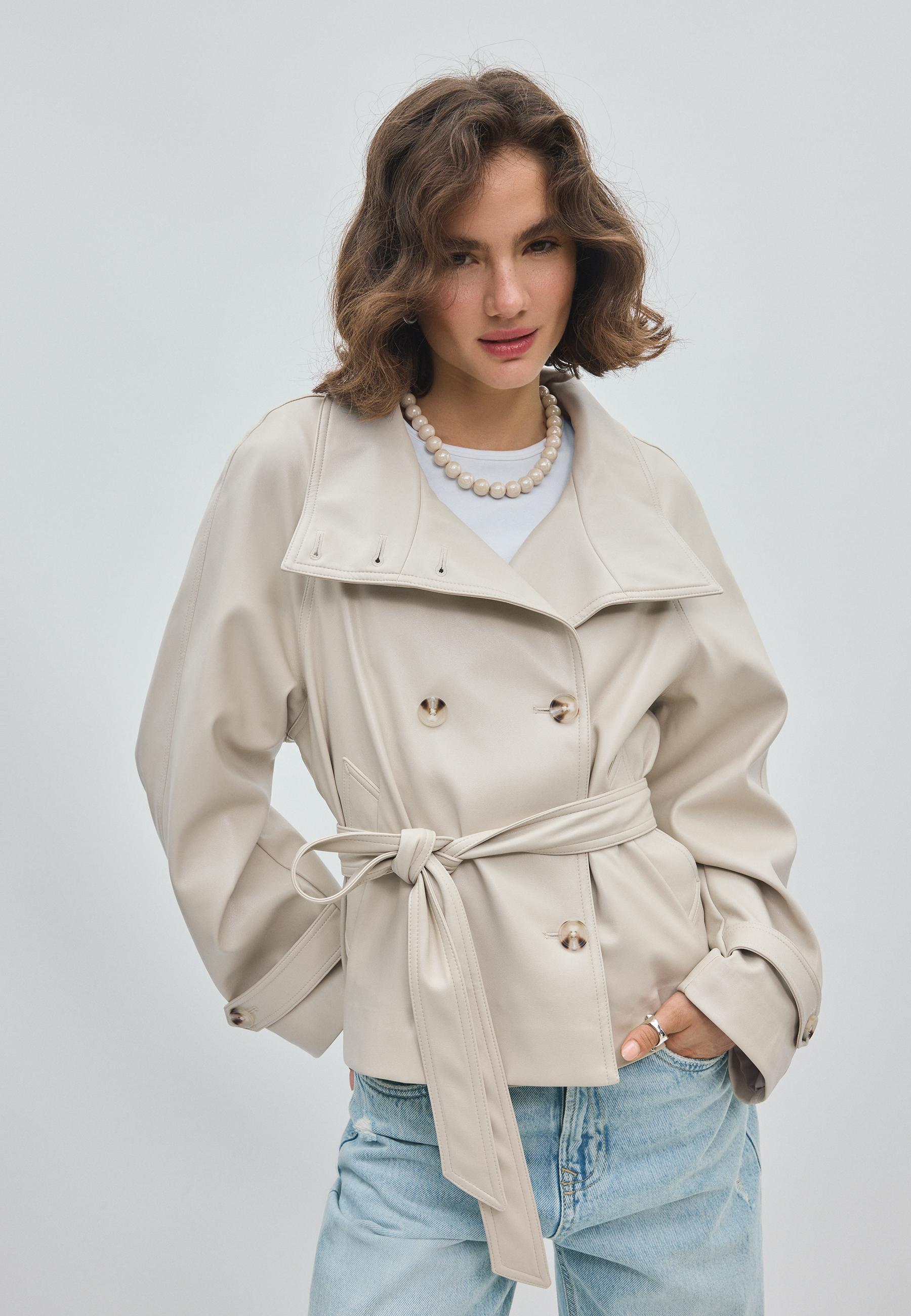 High neck leather effect trench coat — Ecru