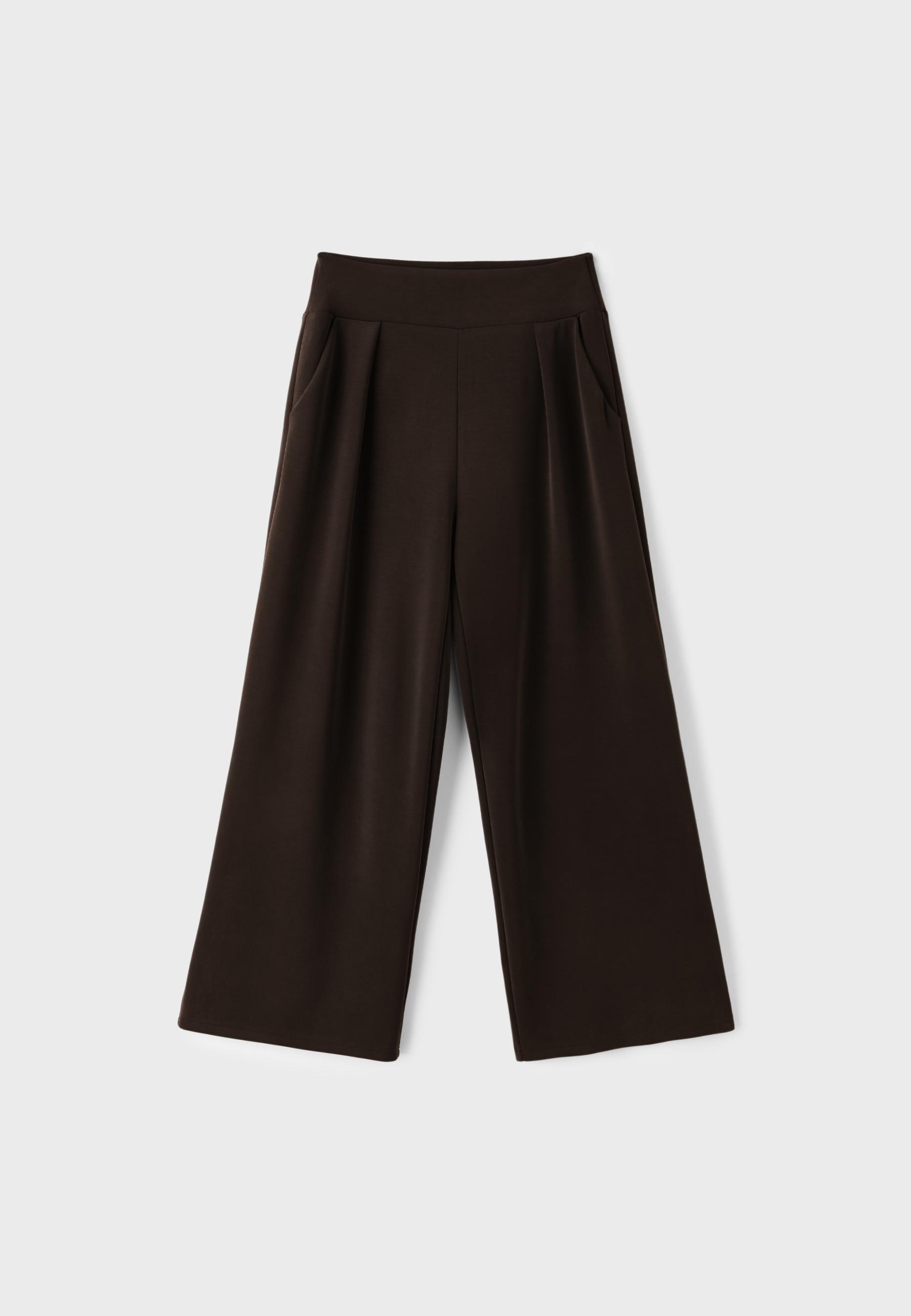 Soft-touch wide-leg trousers with darts — Brown