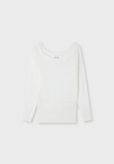 Boat neck jumper with waistband — Ecru 7