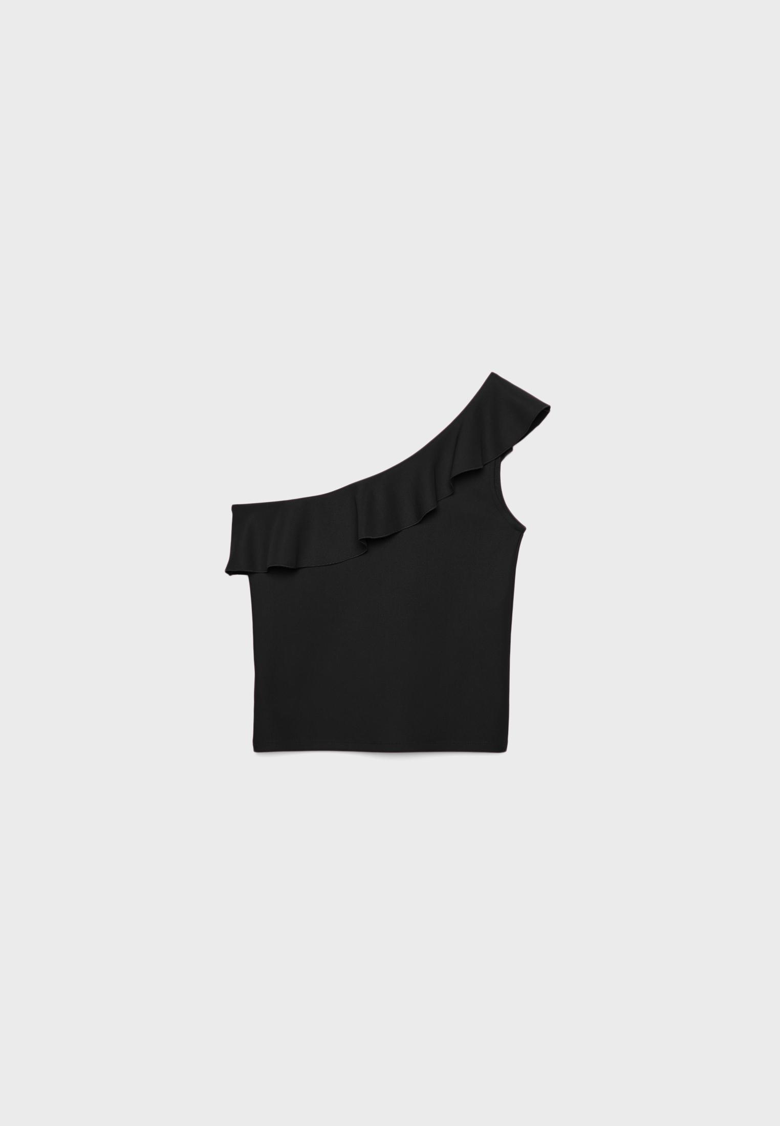Asymmetric T-shirt with ruffle — Black