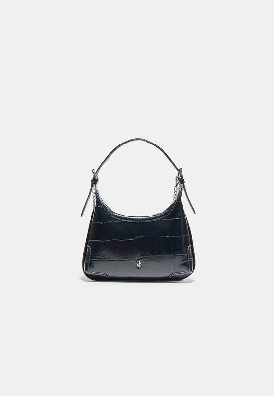 Stradivarius Mock Croc Mini Shoulder Bag With Chain Black Os