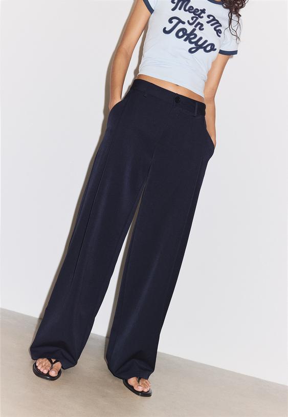 Stradivarius Smart Barrel Trousers With Darts Navy Blue 8