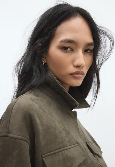 Cropped faux suede jacket — Khaki 4
