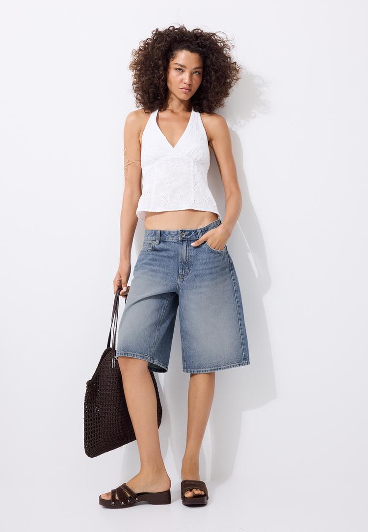 Stradivarius Besticktes Neckholder-Top Ecru S