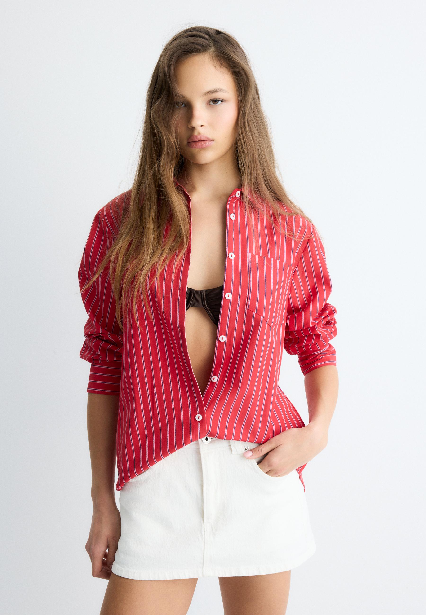 Basic striped poplin shirt with pocket — Red