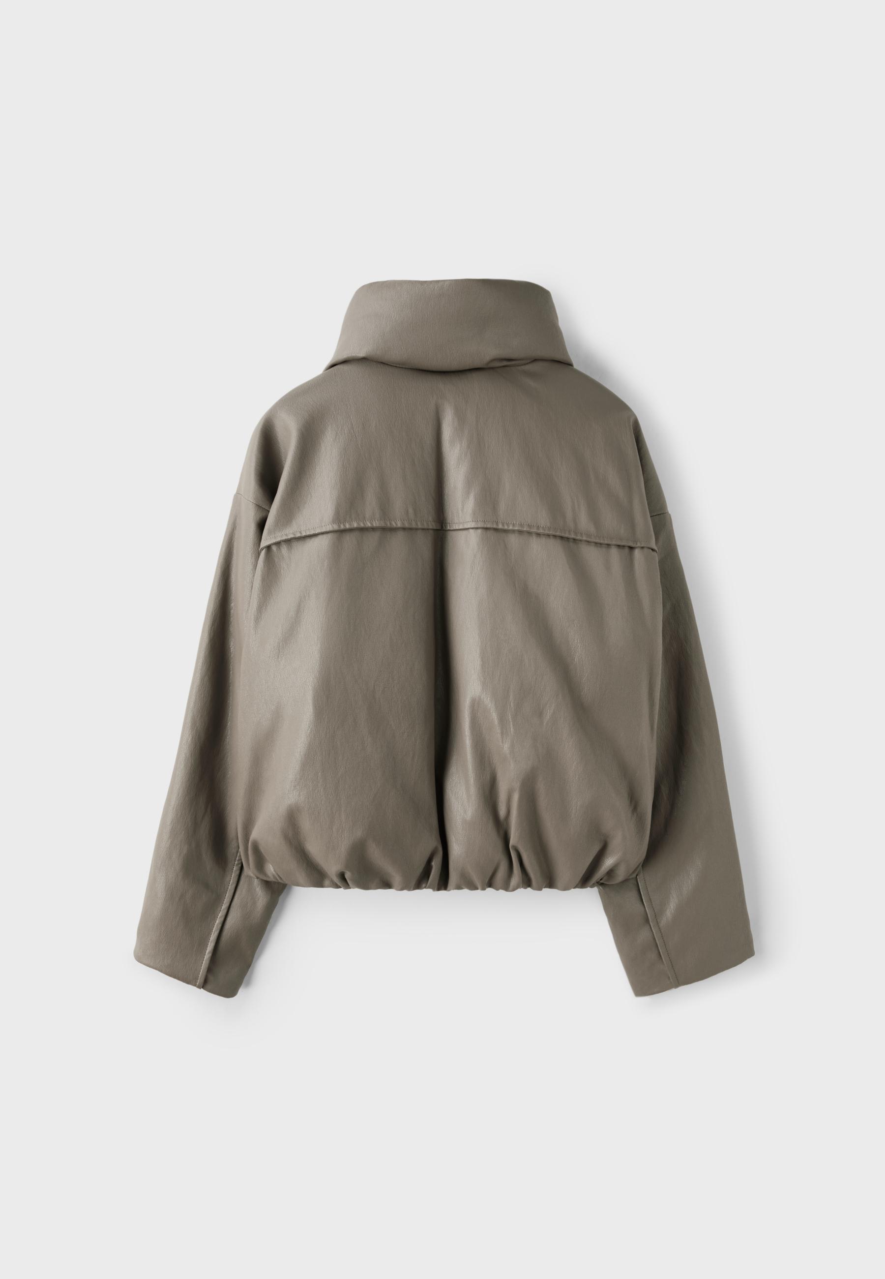 Leather effect high neck puffer jacket — Grey