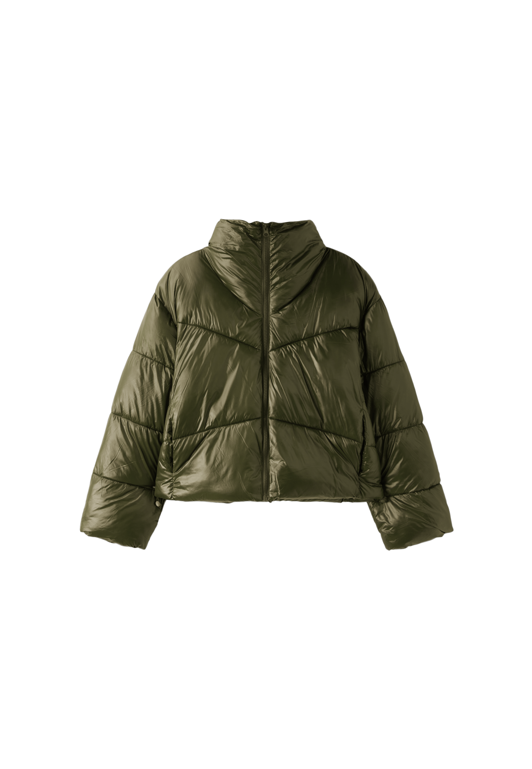 High-neck cropped puffer jacket — Khaki