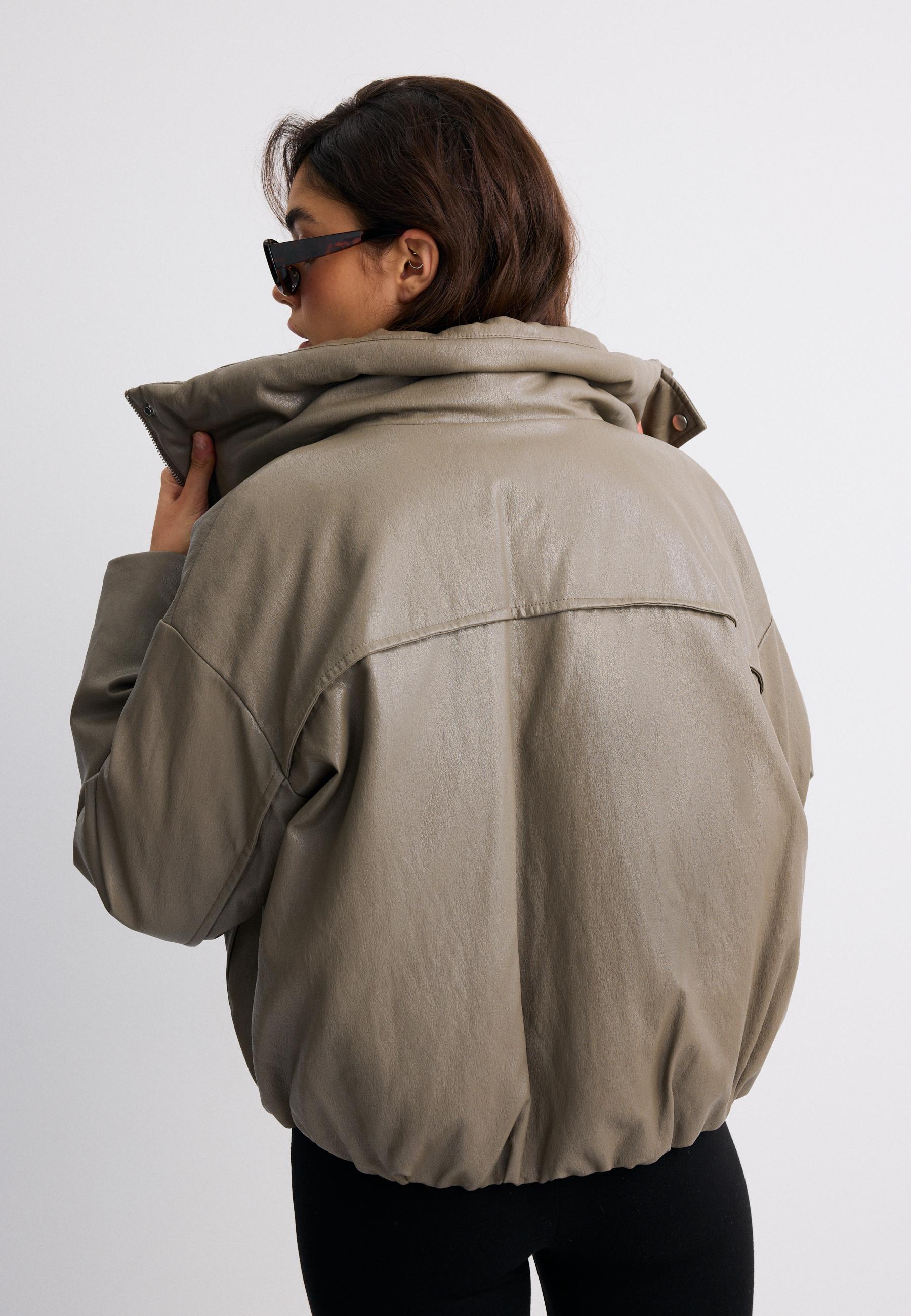 Leather effect high neck puffer jacket — Grey