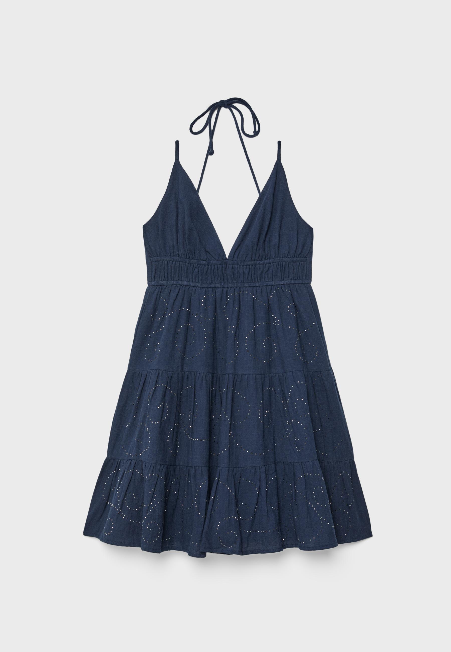 Short dress with shimmery detail and open back — Dark blue