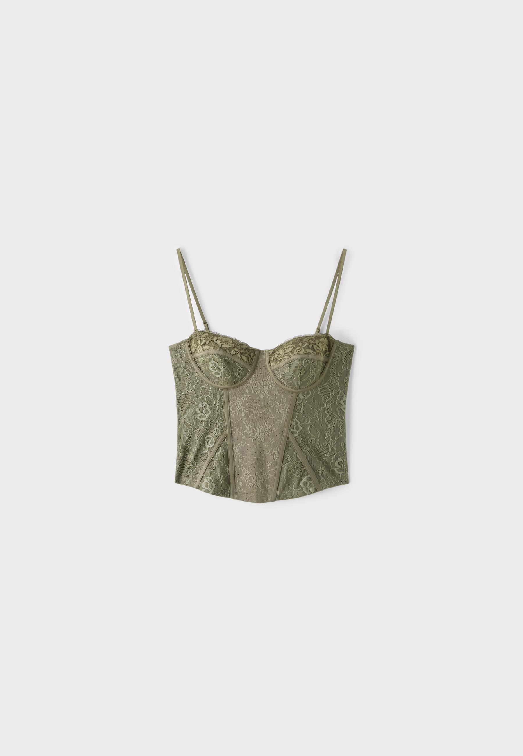 Lace corsetry-inspired top — Khaki