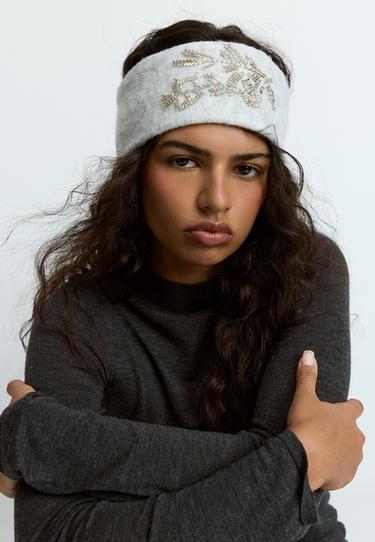 Embroidered knit headband — Grey melange 4
