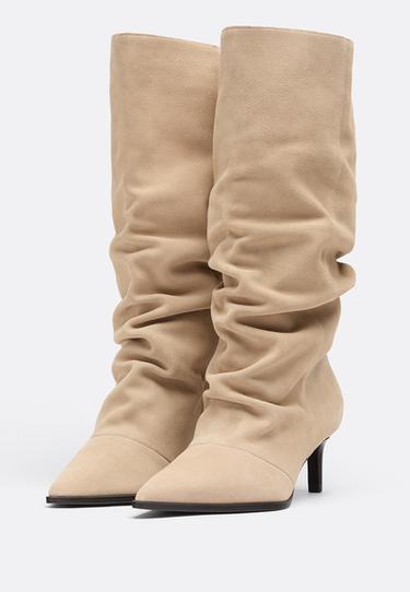 Slouchy leather heeled boots — BEIGE 2