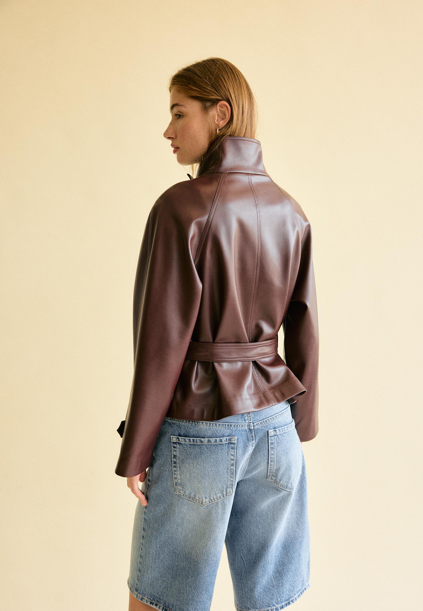 High neck leather effect trench coat — Brown