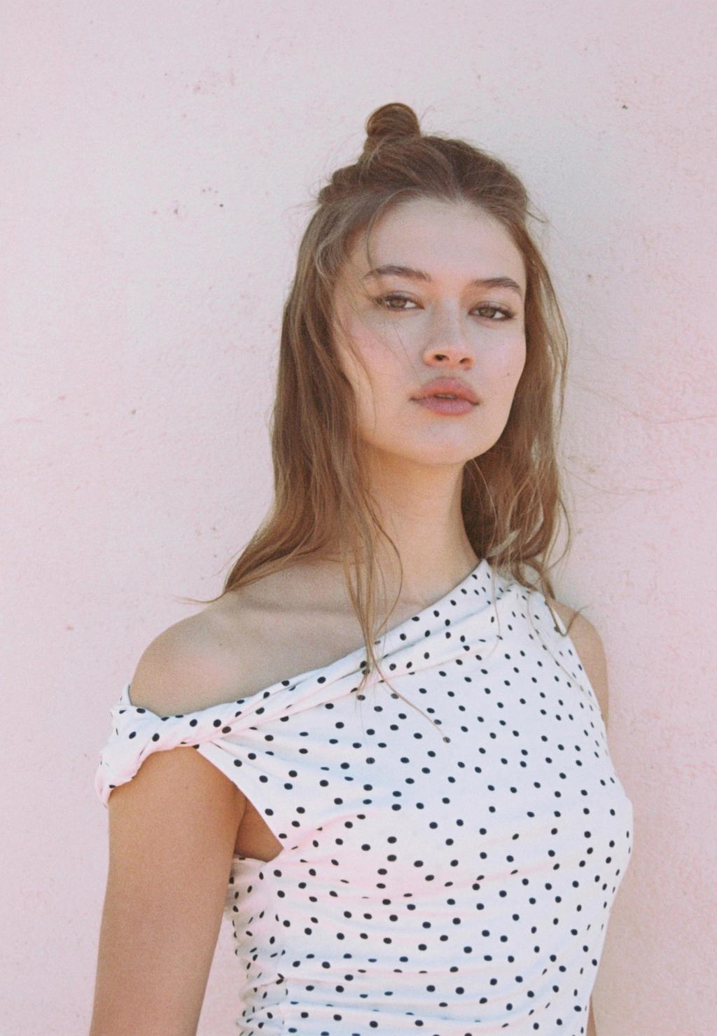 Asymmetric polka dot top