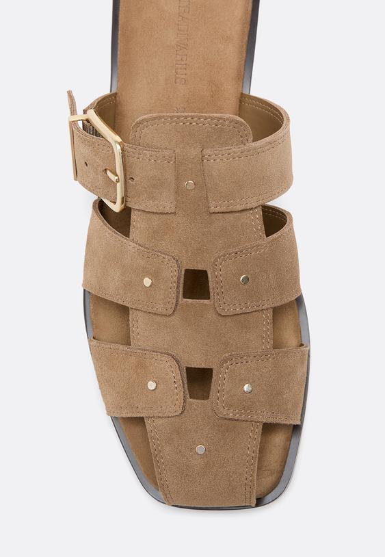 Stradivarius Sandales À Lanières En Cuir Ouvertes À L'arrière Beige 40