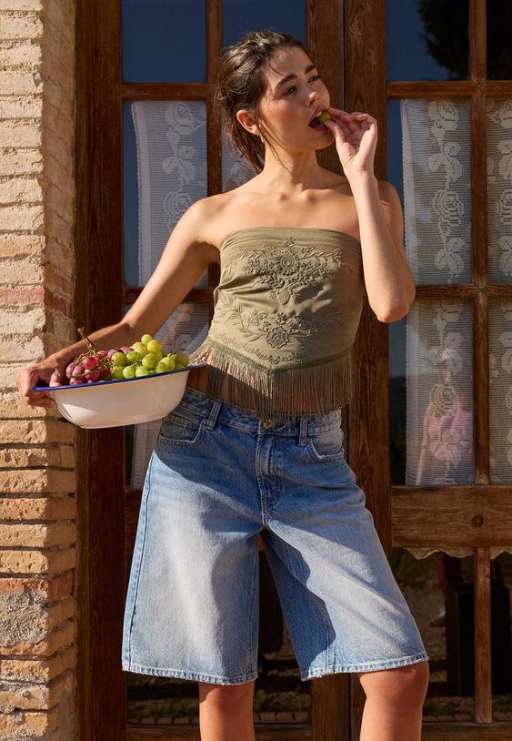 Stradivarius Bermude Denim Baggy Efect Prespălat Denim Albastru Mediu Deschis 38