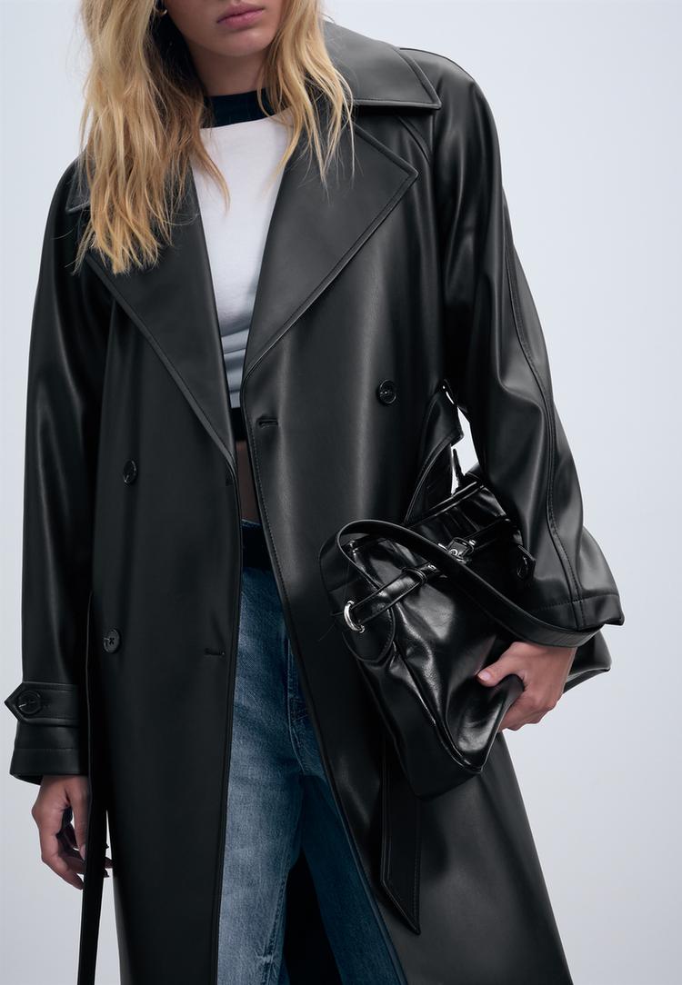 long faux leather trench coat