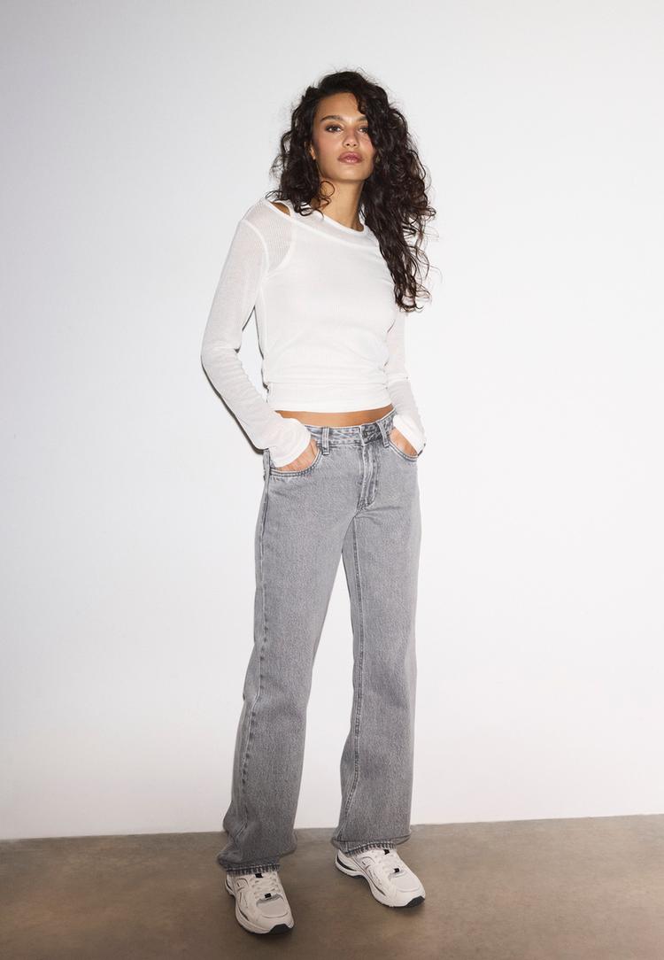 Stradivarius Blugi Drepți Cu Talie Joasă Efect Prespălat Denim Gri Perlat 42