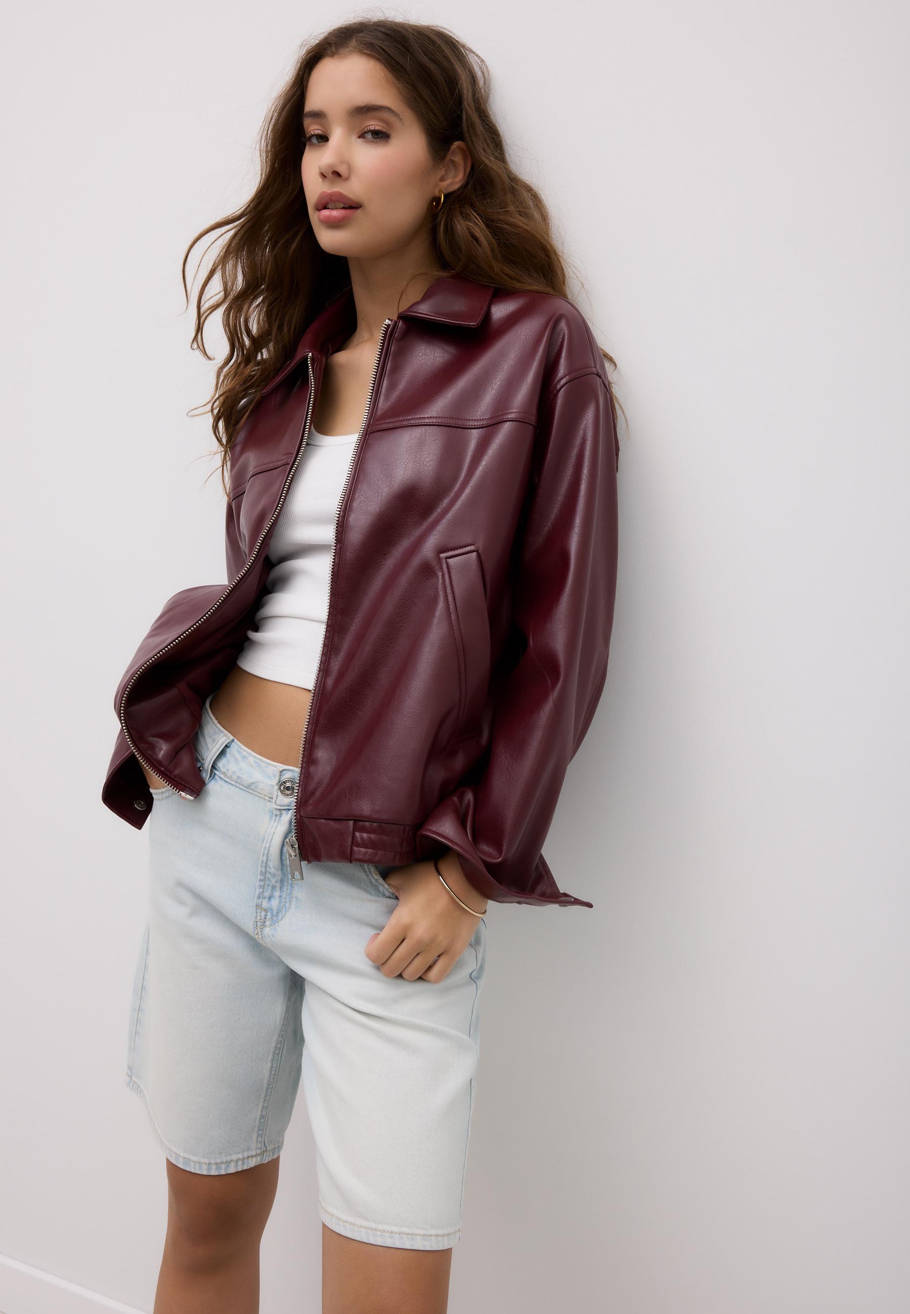 i*m様 JAREY FAUX LEATHER SHORTJACKET BB s Oversize faux leather biker jacket - Women's fashion