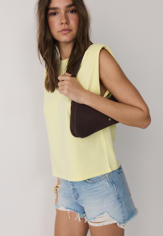 Stradivarius T-Shirt Basique Épaulettes Jaune Pastel Xl