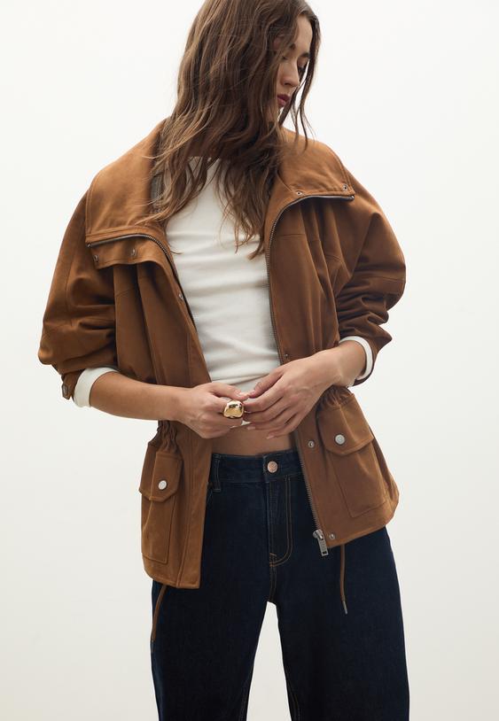 leather effect medium length parka