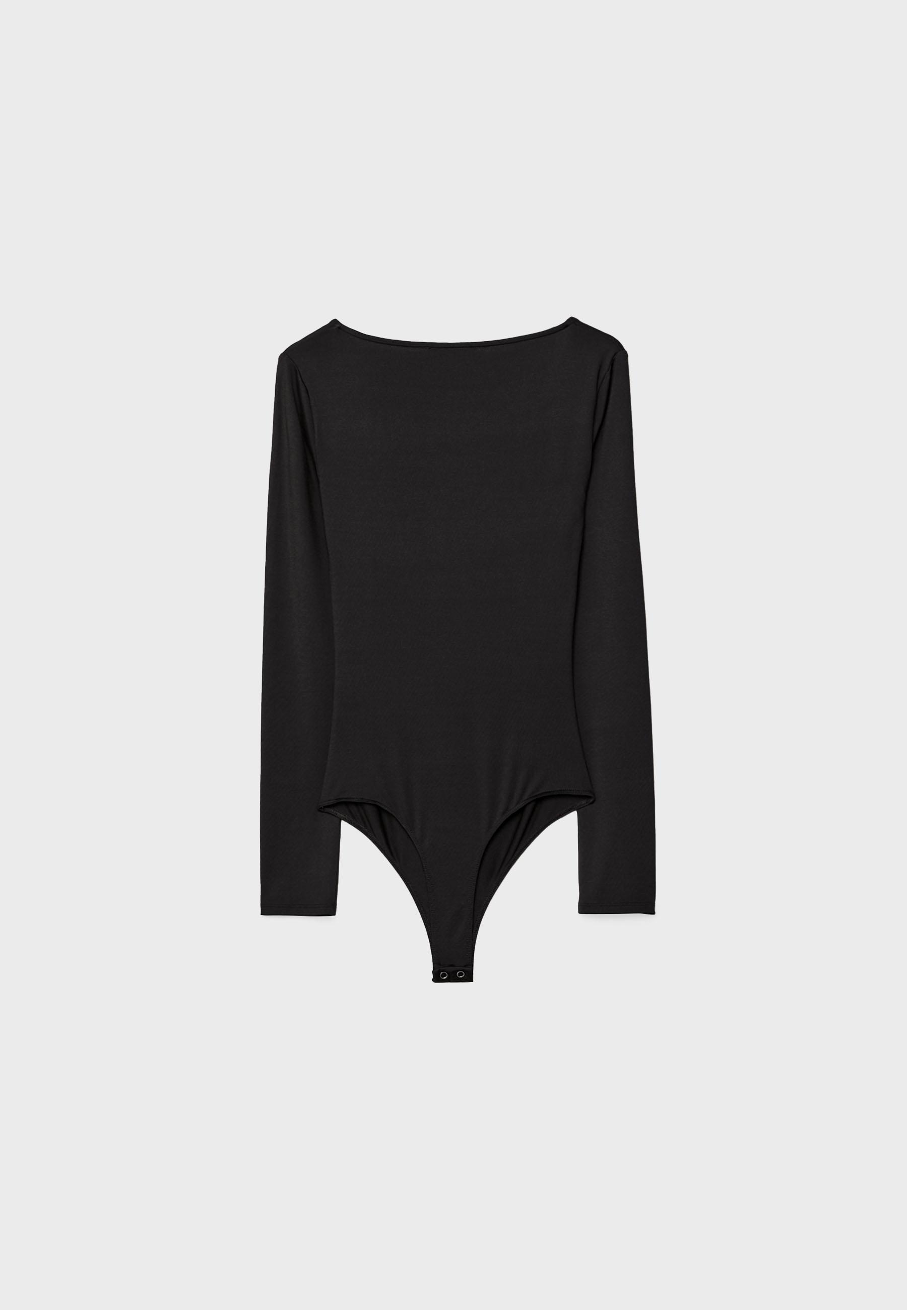 Gathered polyamide bodysuit with V-neckline — Black