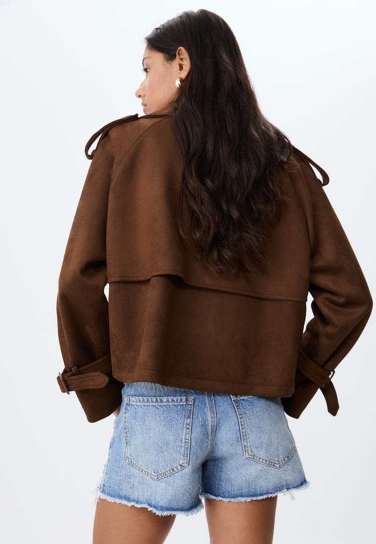 short faux suede trench coat