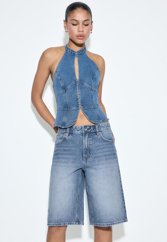 Stradivarius Bermuda Baggy En Jean Denim Bleu Moyen Clair Délavé 38