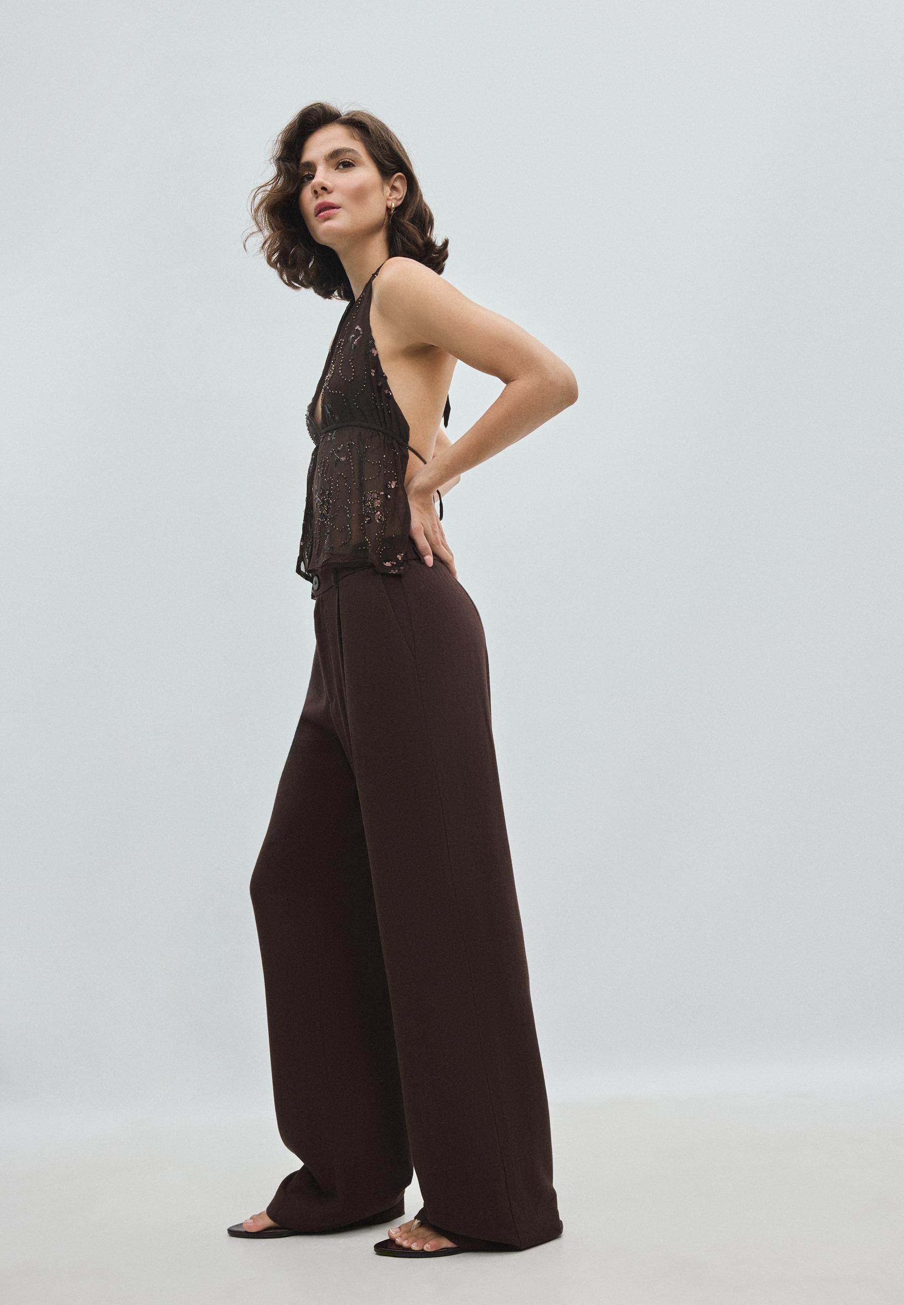 Straight-leg linen-effect trousers — Brown