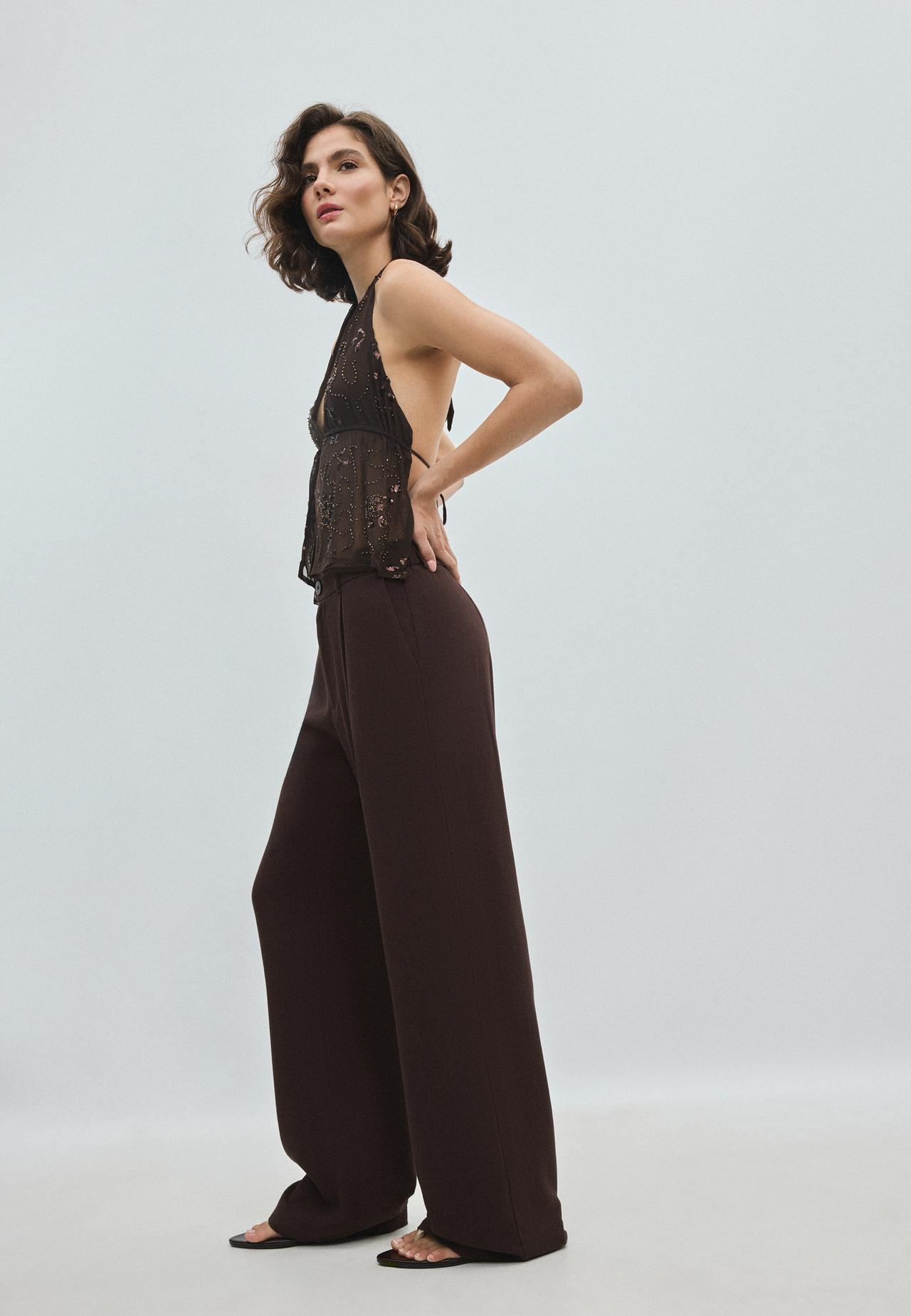 Straight-leg linen-effect trousers — Brown
