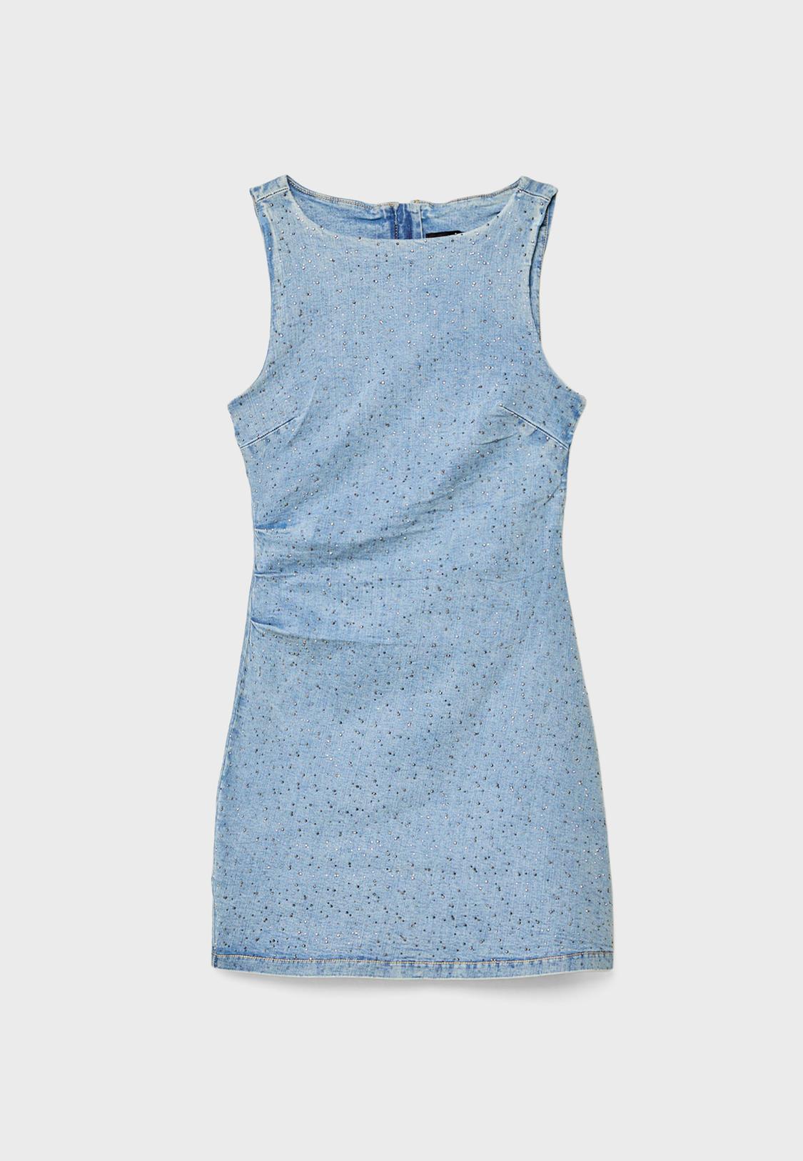 slim fit dress slacks Well Rehearsed Rhinestone Denim Mini Dress – Josie's Boutique main image 1