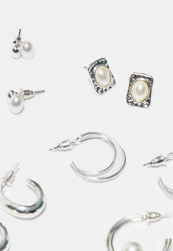 Stradivarius Set Of 5 Faux Pearl Earrings Grey Os