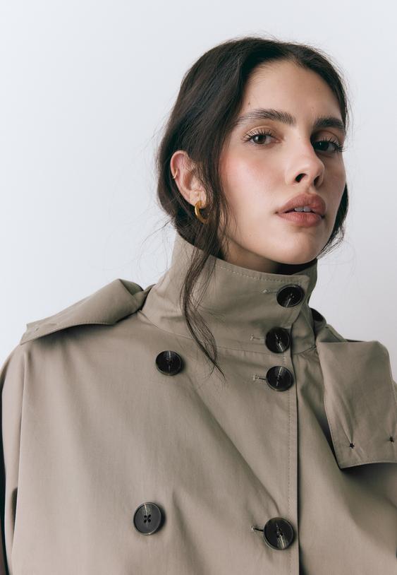 Stradivarius Short Puffer Trench Coat With Detachable Hood Beige Xs