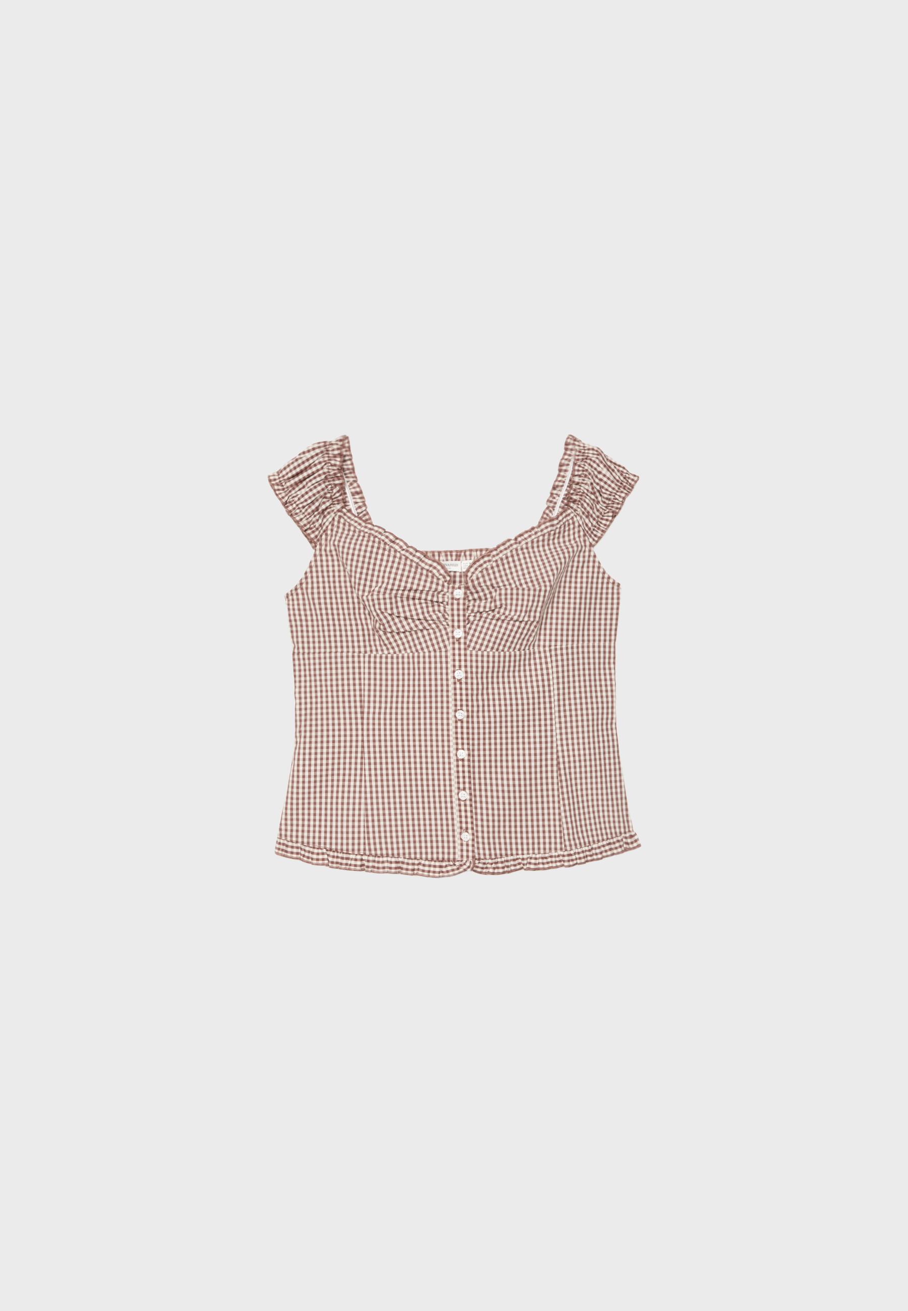 Heart neckline top with buttons — Brown
