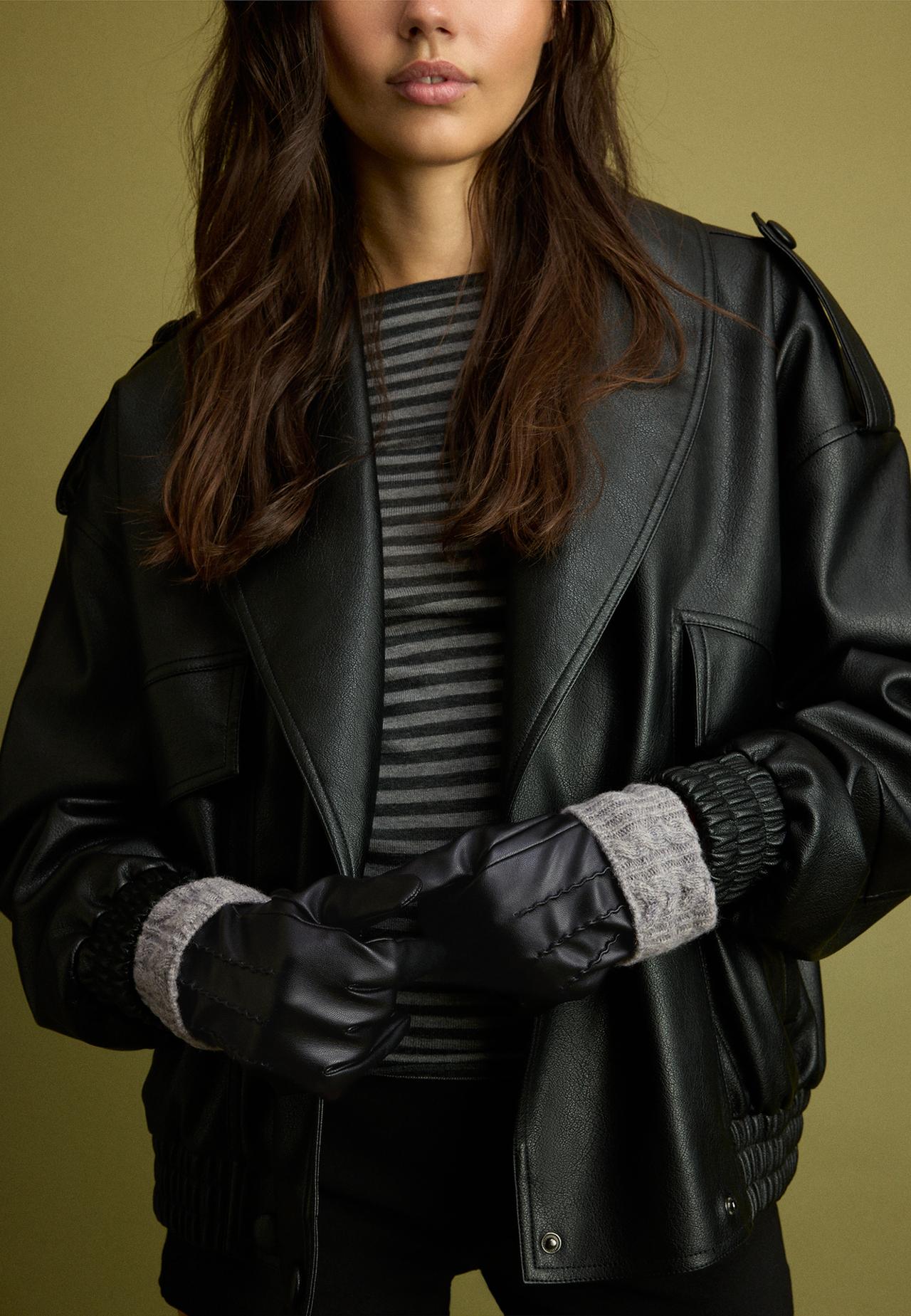 Combined chunky knit gloves — Black