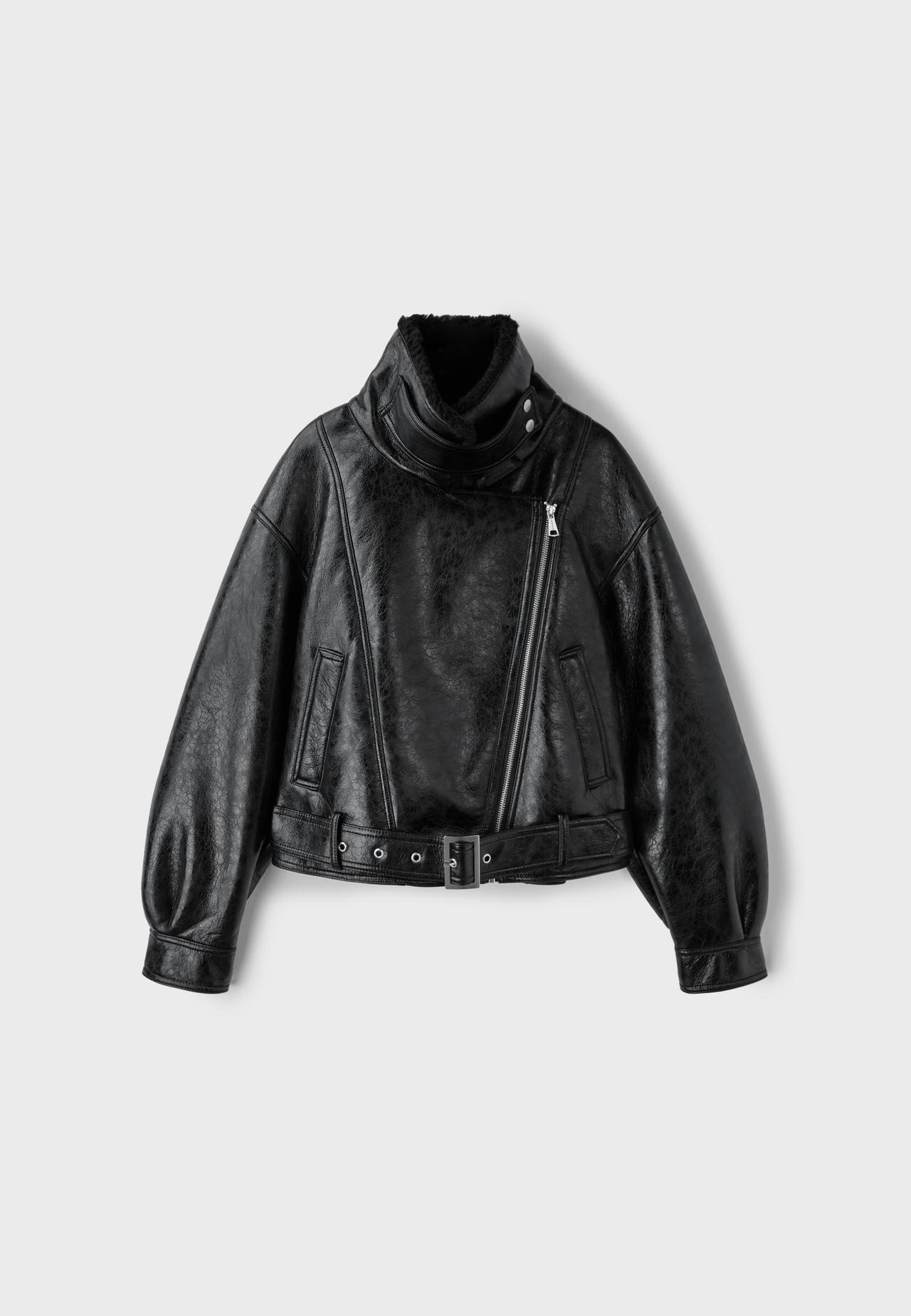 High neck double-faced biker jacket — Black
