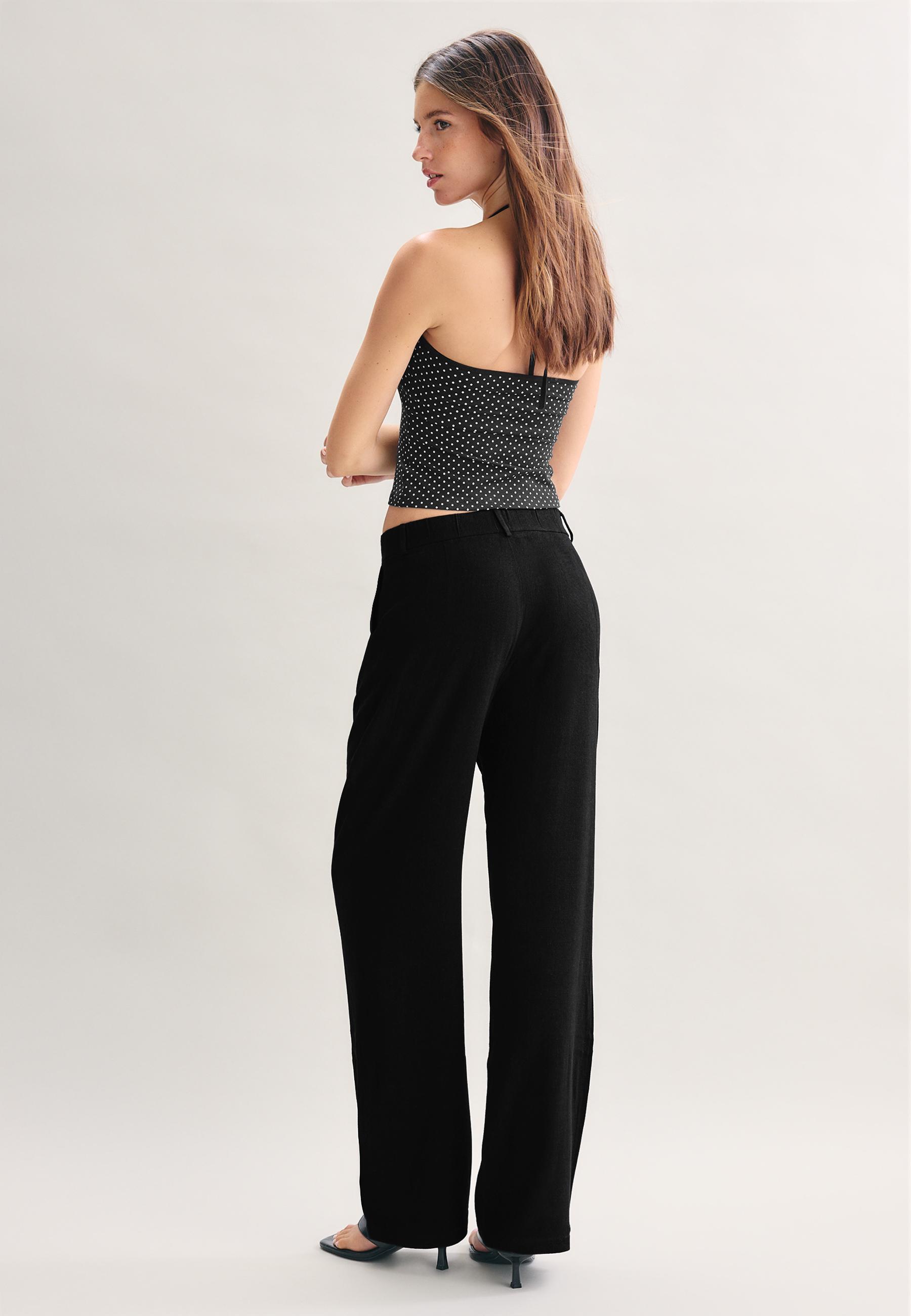 Straight-leg linen-effect trousers — Black