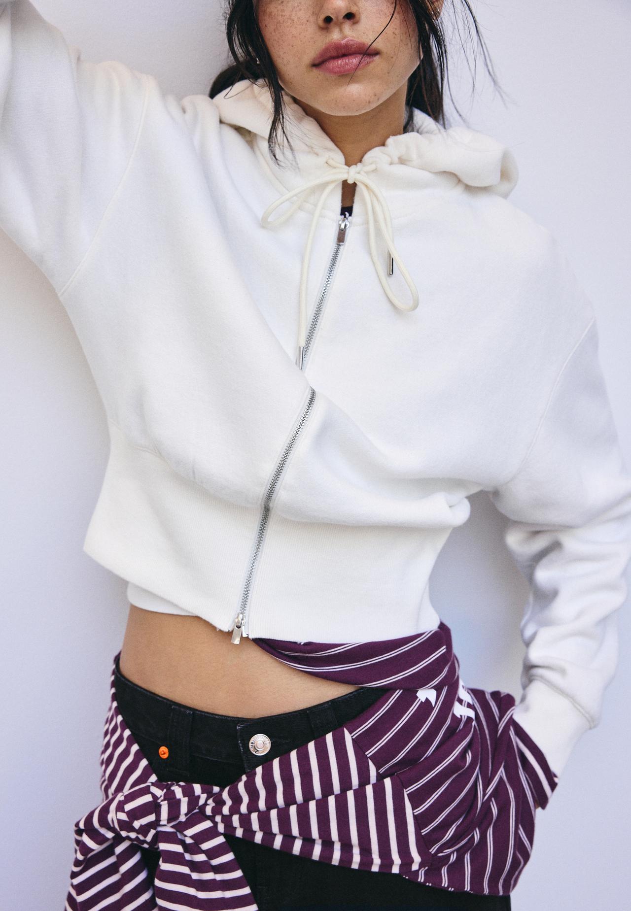 Zip-up sweatshirt with hood — Ecru
