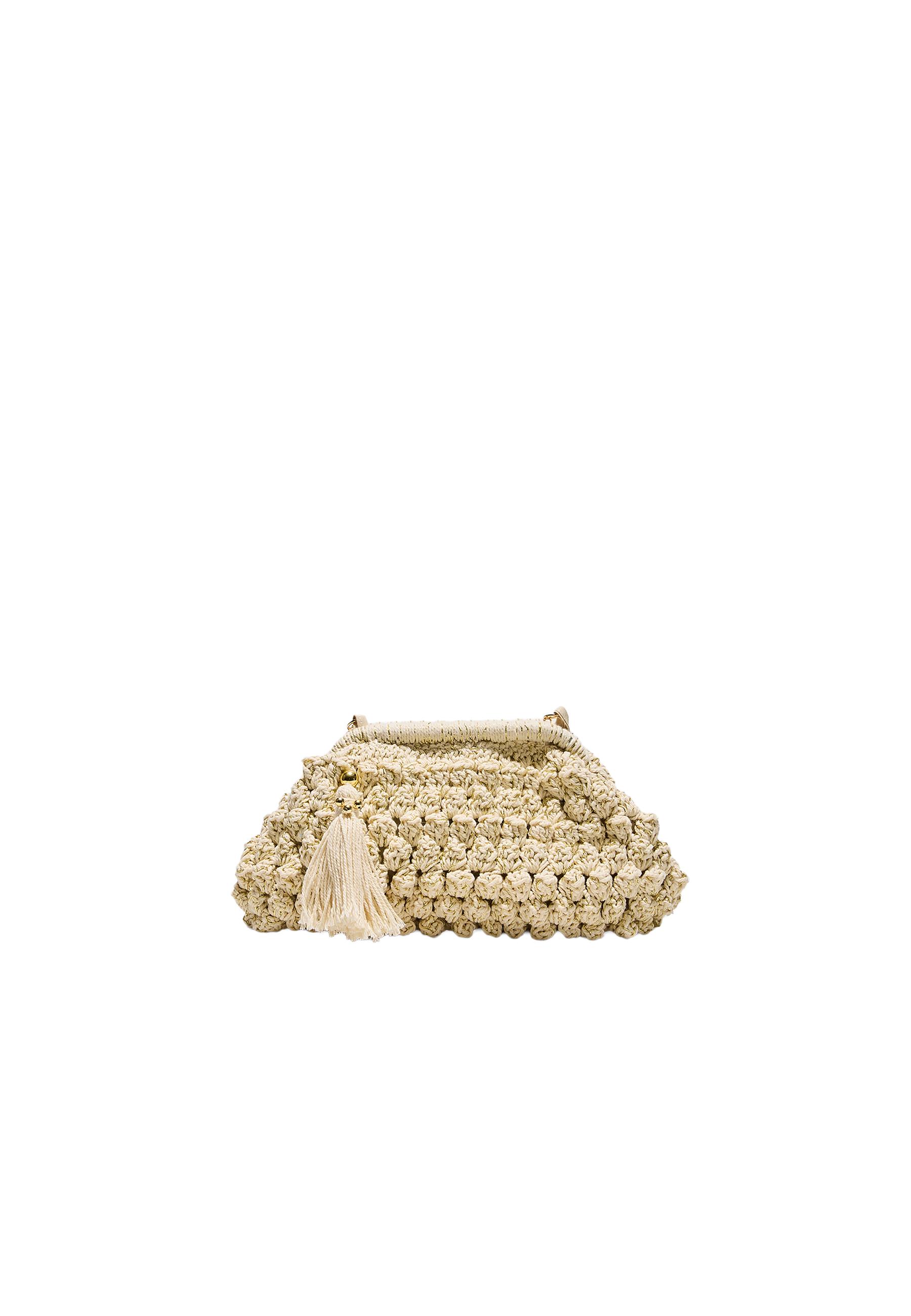 Metallic thread crochet bucket bag — Ecru