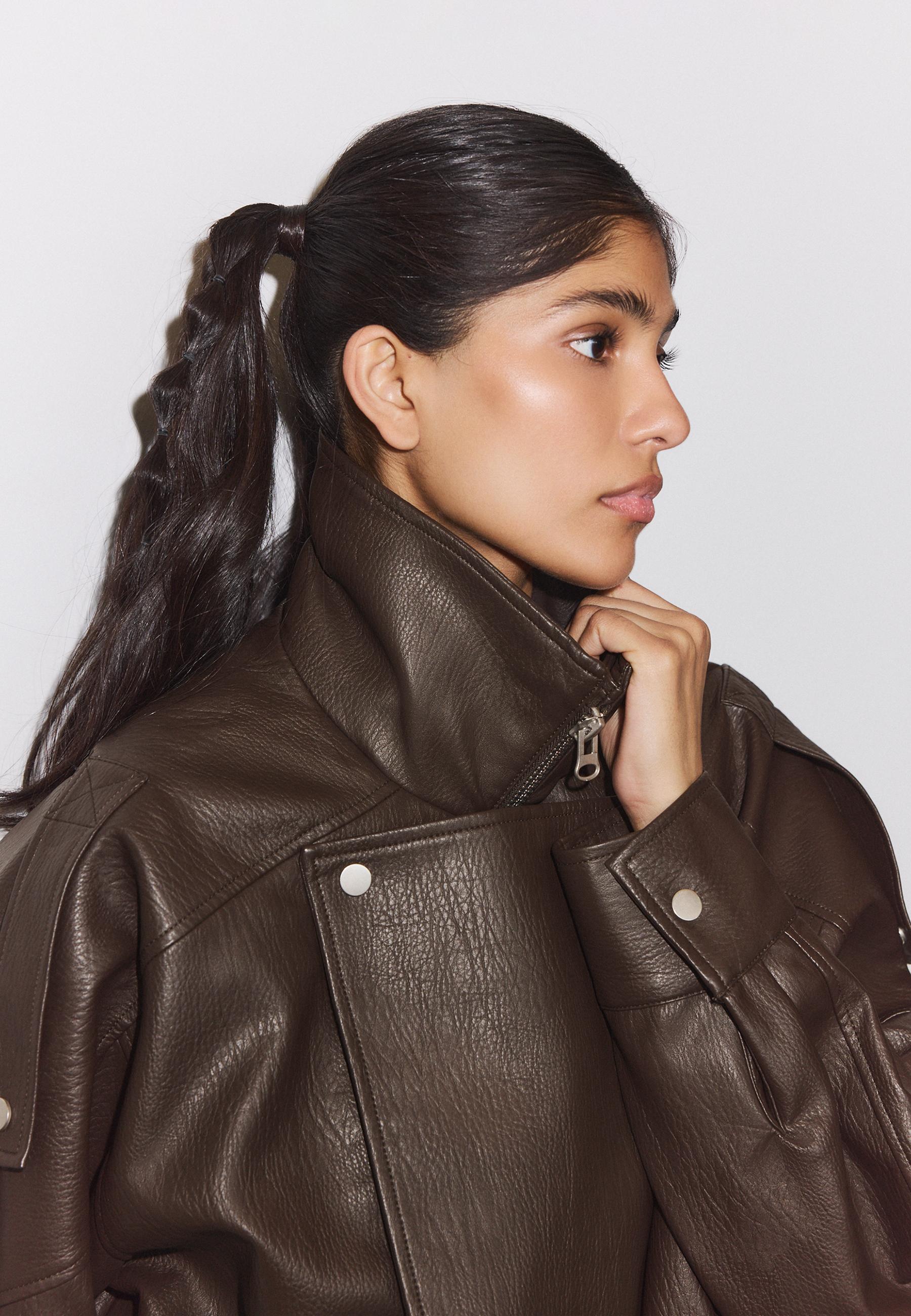 Oversize leather effect lapel jacket — Brown