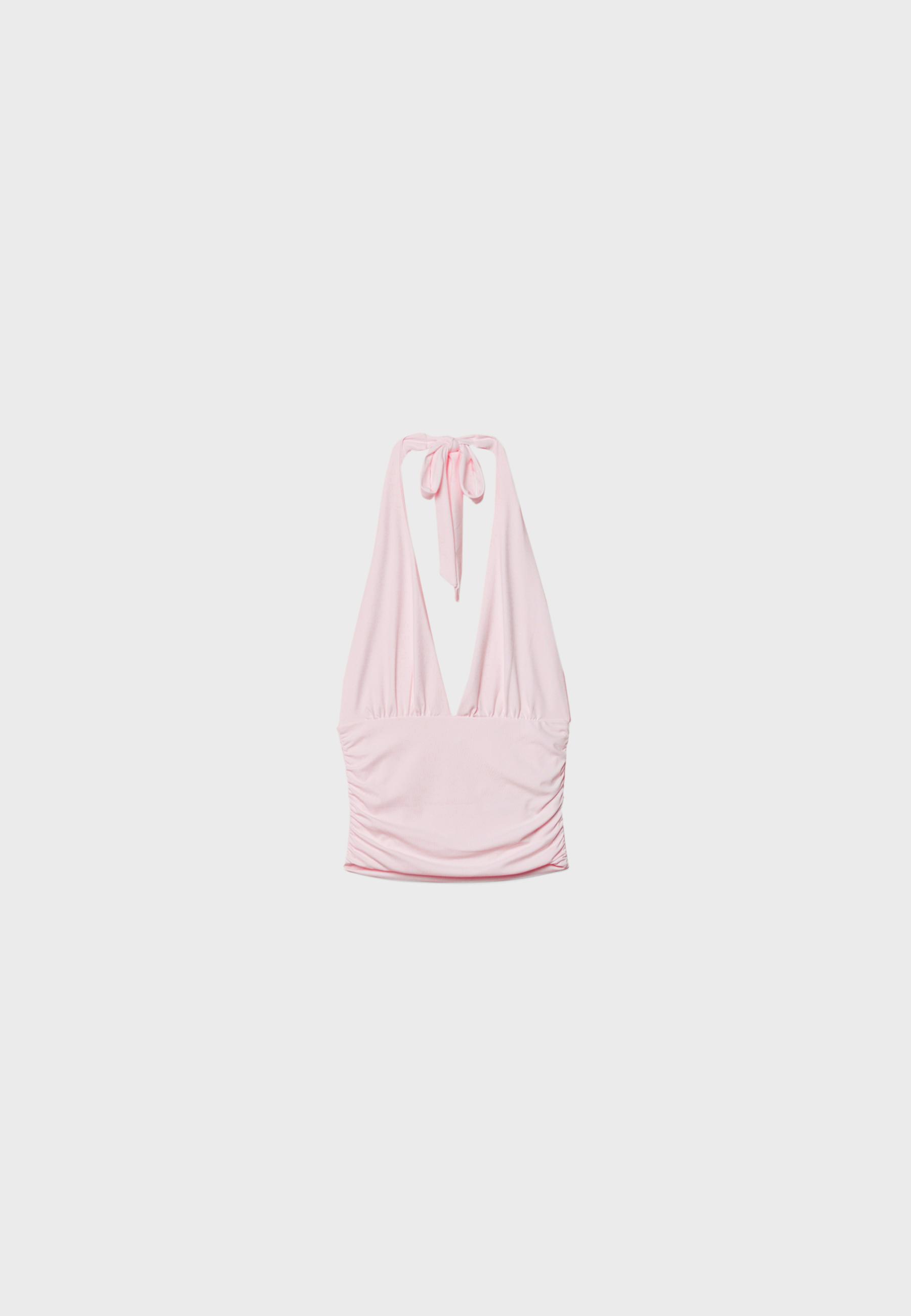Ruched halter top with neck tie — Salmon pink