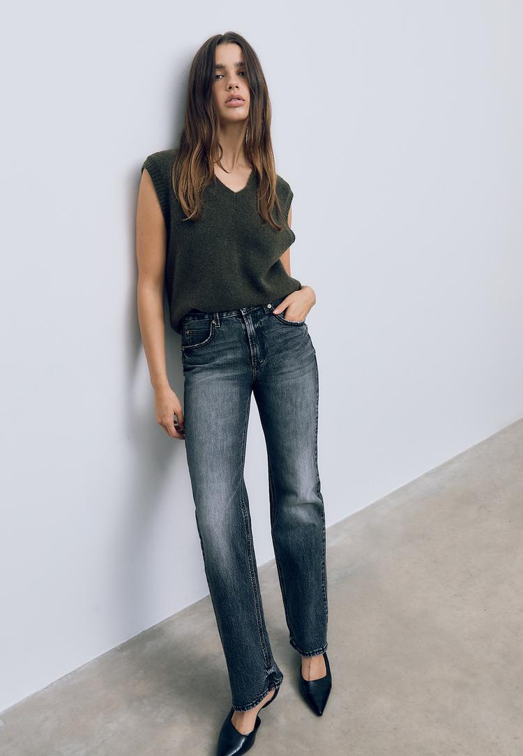 Stradivarius D98 Τζιν Ίσιας Γραμμής Με Vintage Εφέ Σκούρο Γκρι 42