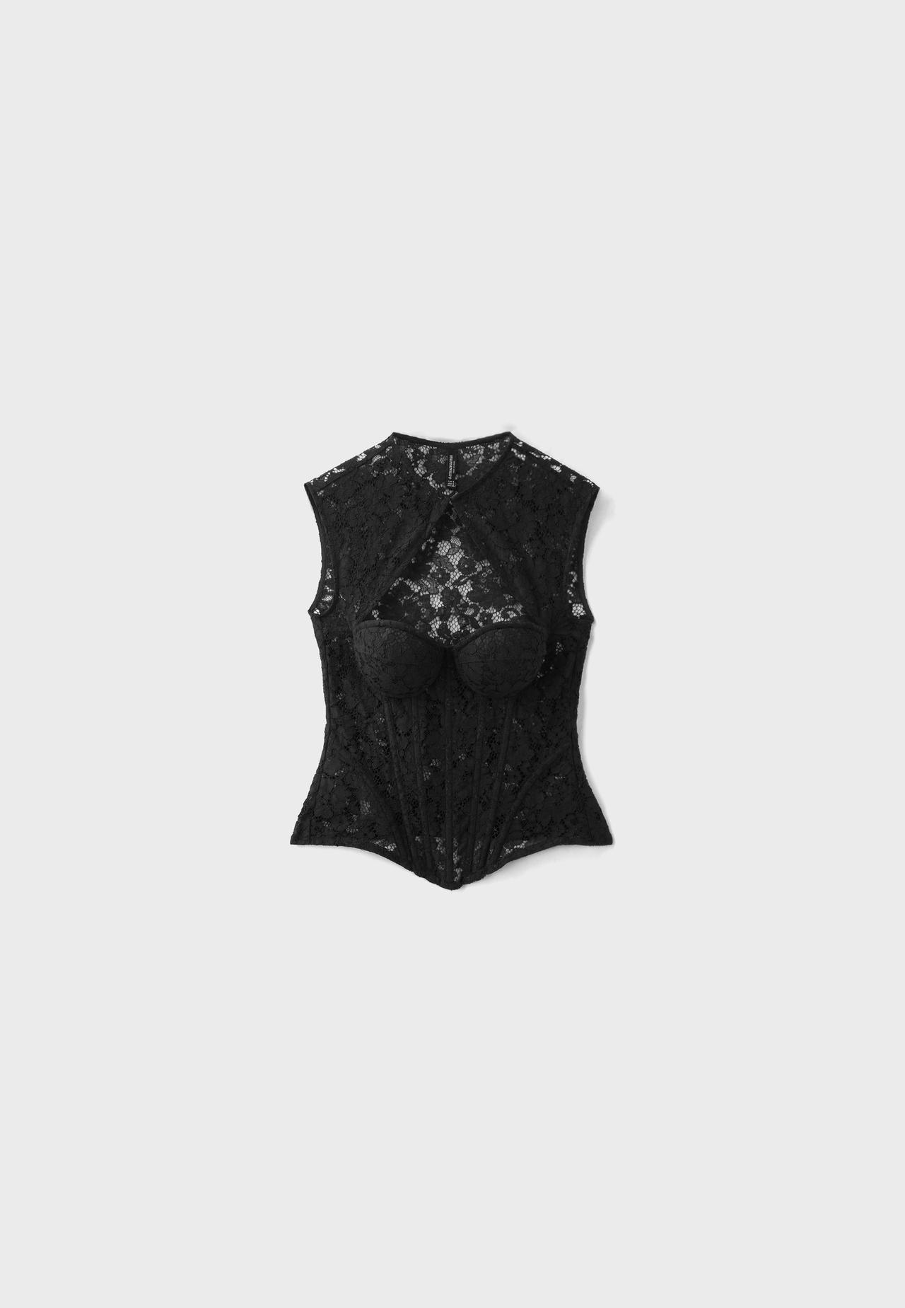 Corsetry-inspired lace top — Black