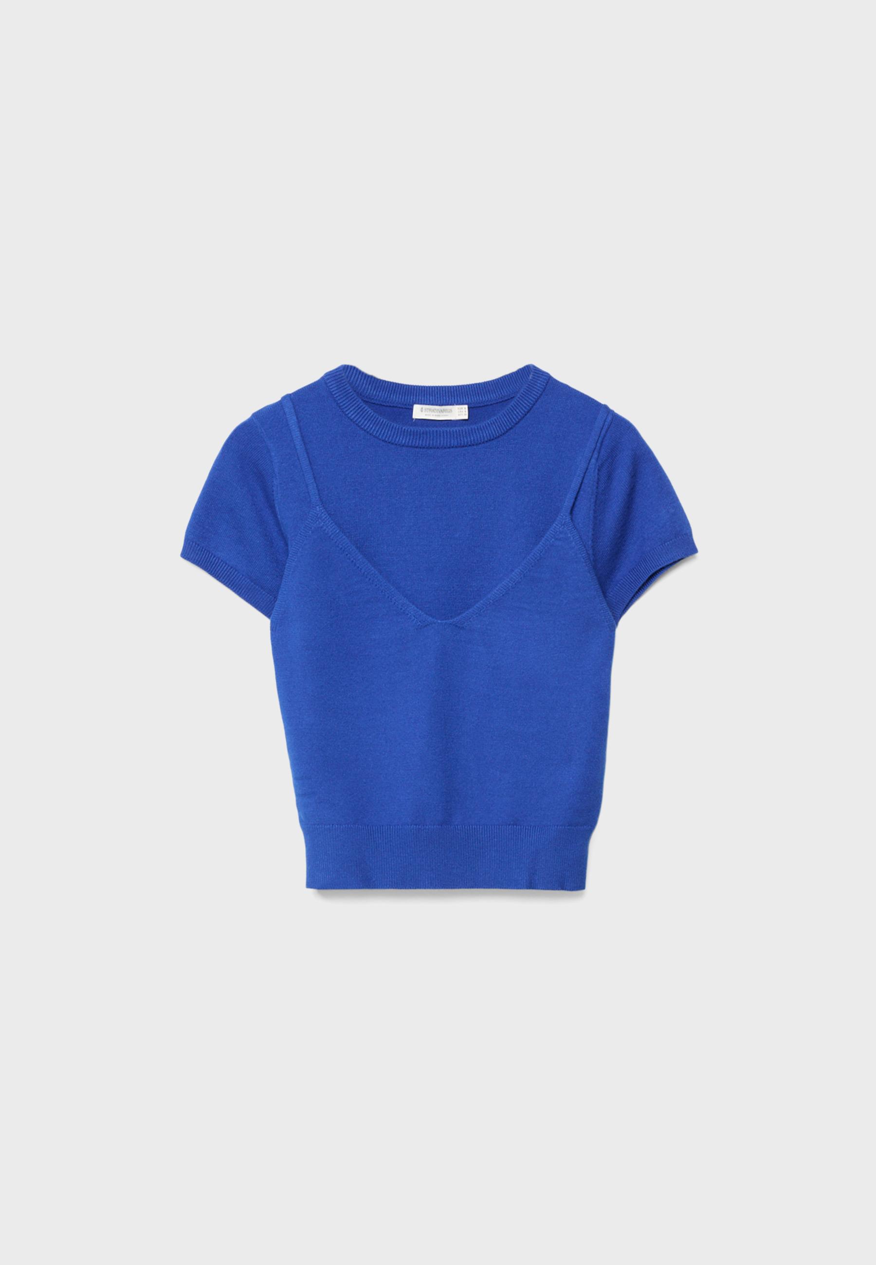 Short-sleeved knit jumper with overlay — Electric blue